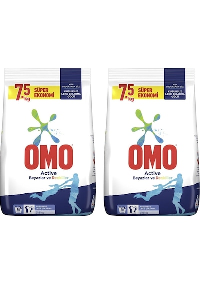 Omo Active Renkliler & Beyazlar Toz Çamaşır Deterjanı 7.5 Kg X 2 Adet
