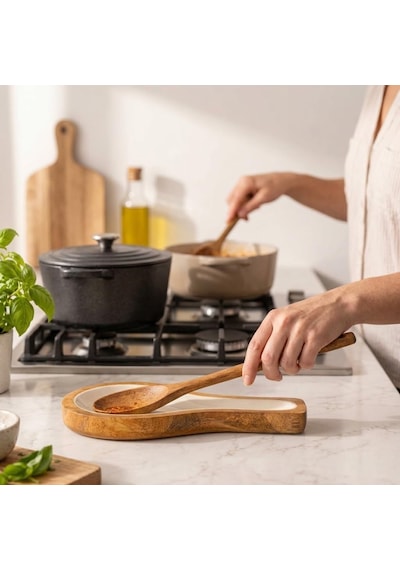Mango Ağacı Yatay Kaşıklık 25 X 12 Cm, Parlak Krem İç Yüzeyli Ahşap Kaşık Altlığı, Kepçe, Spatula Ve Servis Gereçleri İçin Mutfak Tezgâhı Düzenleyici