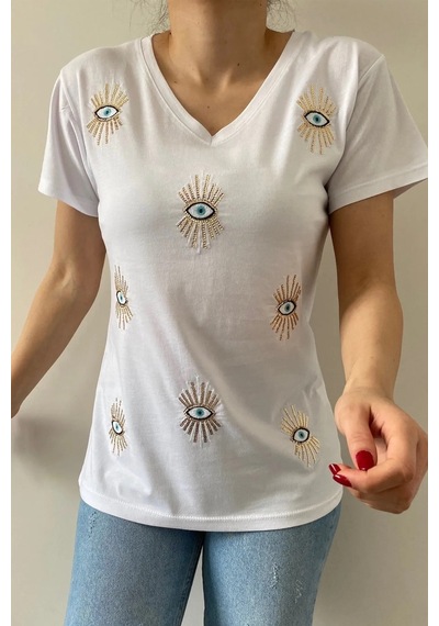Cassime Kadın Beyaz V Yaka Göz Pul Ve Nakış Işlemeli Tişört S-m-l-xl-2xl-3xl