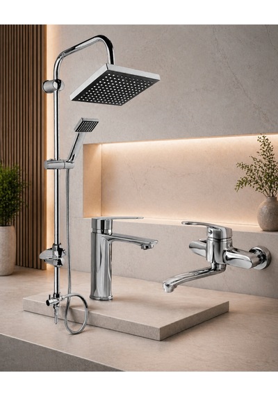 Krom 3'lü Set Robot Duş Seti Çift Su Girişli Mutfak Bataryası Ve Sabit Lavabo Bataryası