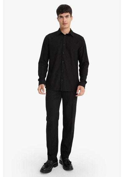 Defacto Slim Fit Dar Kesim Polo Yaka Penye Uzun Kollu Gömlek E9061ax25aubk27 Siyah