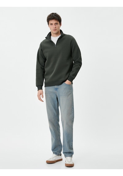 Koton Yarım Fermuarlı Sweatshirt Basic Dik Yaka Ribanalı Uzun Kollu Haki 4sam70002mk Haki