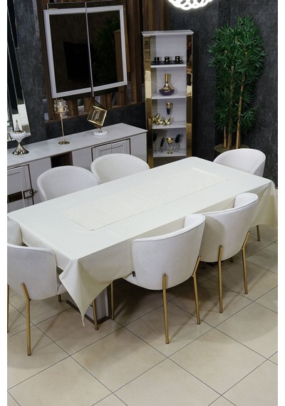 Dream 8 Parça Masa Örtüsü Seti Çeyiz Seti Salon Masa Örtüsü, Runner, 6'lı Peçete Bej