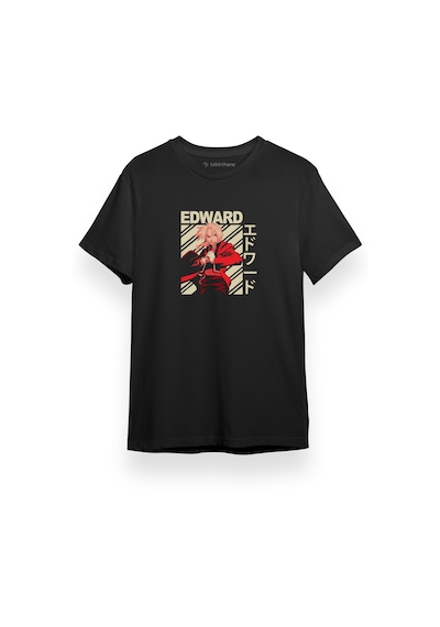 Fullmetal Alchemist Anime Edward Poster Siyah Kısa Kol Erkek Tshirt 001