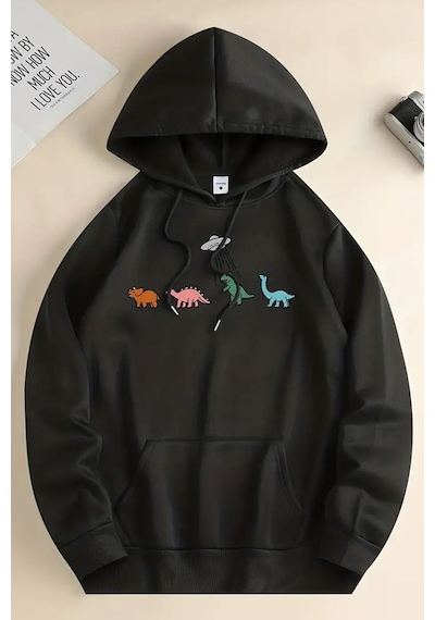 Uyguntarz Uzaylı Dinazor Baskılı Oversize Sweatshirt siyah