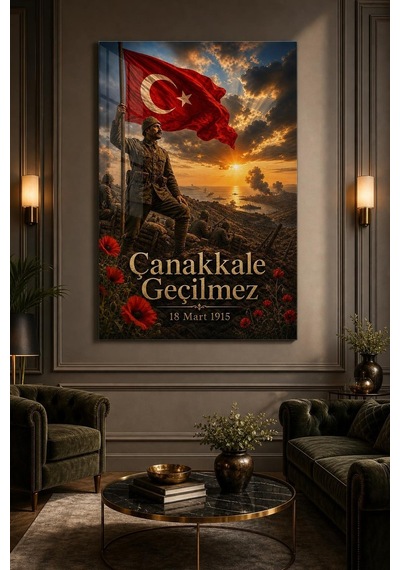Çanakkale Geçilmez Baskılı Cam Tablo 18 Mart Türk Bayrağı Dekoratif Duvar Tablosu