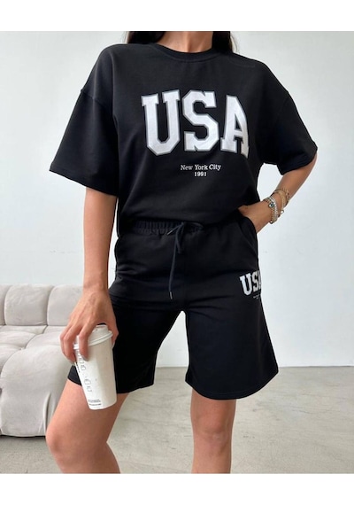 Usa T-shirt Şort - Alt Üst Takım Şort Tişört Kombin Baskılı Bisiklet Yaka Siyah