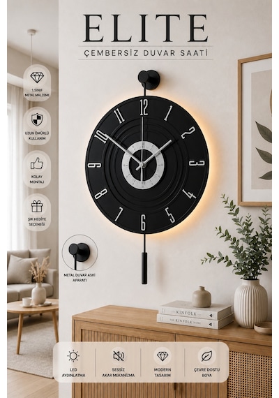 MetaQuartz Aksesuar Full Siyah - Gümüş Rakam - Kardelen 7-24 Kablosuz Pilli Led Modern Dekoratif Duvar Saati
