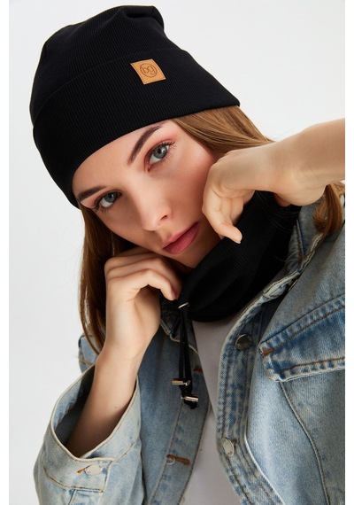 Butikgiz Kadın Balıkçı Style Pamuklu Kaşkorse Terletmez Ultra Hafif Yumuşak Bere Boyunluk Takım Siyah