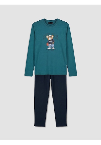 Lc Waikiki Lc Waıkıkı Petrol Regular Fit Teddy Baskılı Erkek Pijama Takımı