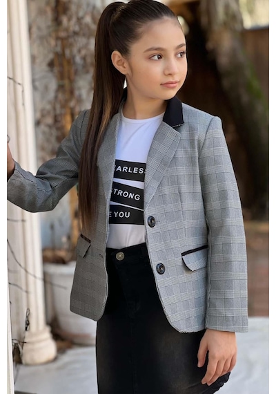 Riccotarz Kız Çocuk Yazı Baskılı Tişört Sahte Cep Detaylı Kareli Blazer Ceket Siyah Jean Etekli Takım 001 Riccotarz Kız Çocuk Yazı Baskılı Tişört Sahte Cep Detaylı Kareli Blazer Ceket Siyah Jean Etekli Takım 001