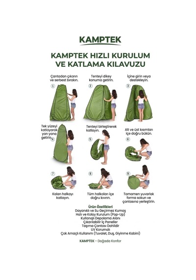Otomatik Kurulum Kamp Çadırı 3-4 Kişilik + Anında Pop-up Katlanır Duş Ve Soyunma Çadırı Kamp Avantaj Seti Yeşil