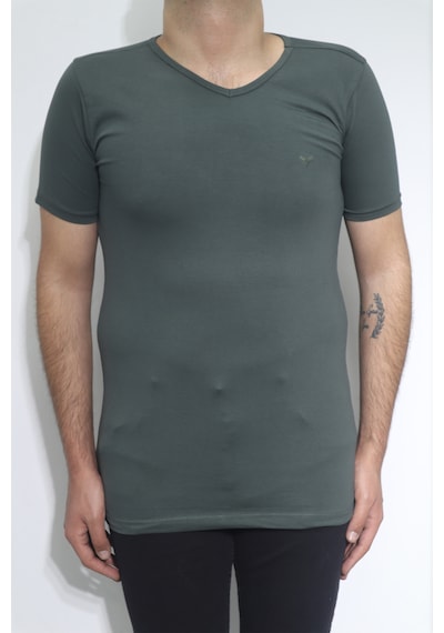 Santa Dmctekstil Erkek Düz Spor Kesim Dar Kalıp V-yaka T-shirt Haki