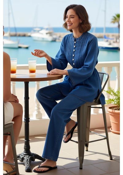 Benerly Kadın Büyük Beden Düğmeli Gömlek Kesim Denim Tunik Uzun Kol Stand Mavi