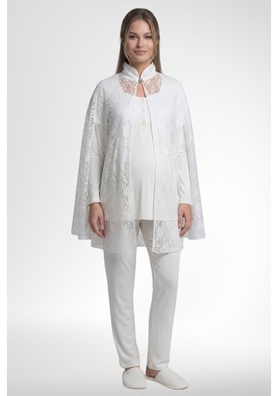 Mecit Pijama Mecit 6402 Kadın Elegant Ekru Dantel Pelerin Lohusa Pijama Takımı