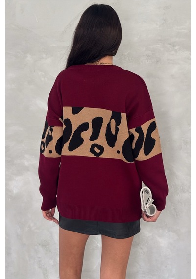 Femelle Kadın Bordo Standart Beden Leopar Desen Oversize Triko Kazak