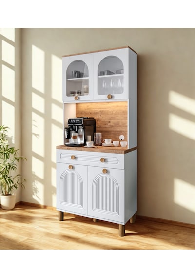 Bohem Mini 93 Cm Kahve Köşesi Ve Çok Amaçlı Mutfak Dolabı Ceviz - Beyaz