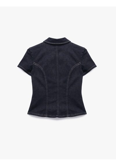 Koton Slim Fit Pamuklu Klasik Yaka Kısa Kollu Asimetrik Kesim Düğmeli Denim Bluz Koyu İndigo 7wal30005md Dark Indigo