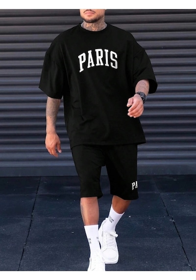 Adrift Erkek Siyah Paris Baskılı Oversize Şortlu Takım Ts-parıstkm Siyah