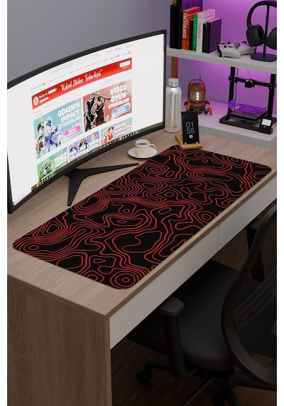 Siyah Kırmızı 90x40 Xxl Taraftar Gaming Oyuncu Mouse Pad Kaymaz Taban Büyük Fare Altlığı Topography