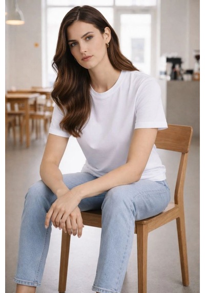 Kadın Bisiklet Yaka Yazlık Kısa Kol Düz Tişört Regular Kalıp T-shirt - Beyaz