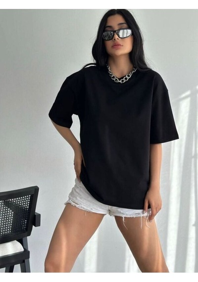 Flood Of Style Kadın Siyah Boş Oversize Bisiklet Yaka Tshirt
