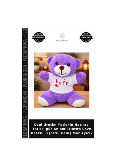 Özel Üretim Yetişkin Hatırası Tatlı Figür Anlamlı Hatıra Love Baskılı Tişörtlü Peluş Mor Ayıcık Çok Renkli