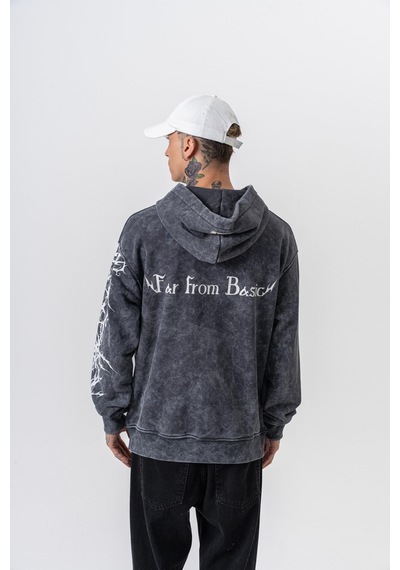 Respire Erkek Far From Basic Baskılı Yıkamalı Kapüşonlu Oversize Hoodie Siyah