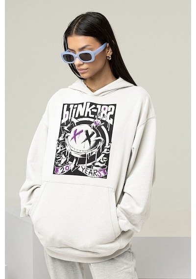 Blink-182 Baskılı Unisex Oversize Müzik Grubu Hoodie Beyaz