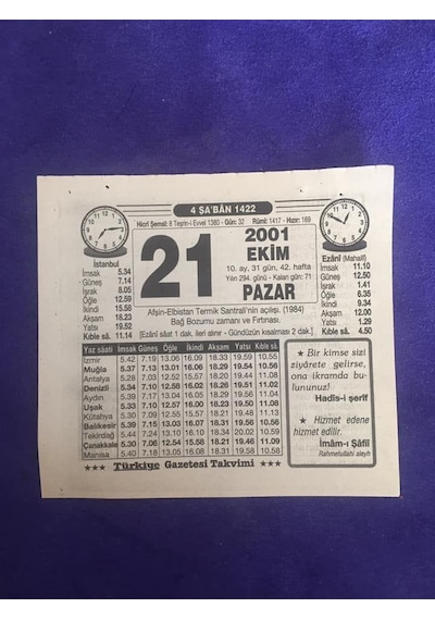 21 Ekim 2001 Takvim Yaprağı - Nostalji Koleksiyonluk Takvim Yaprağı B