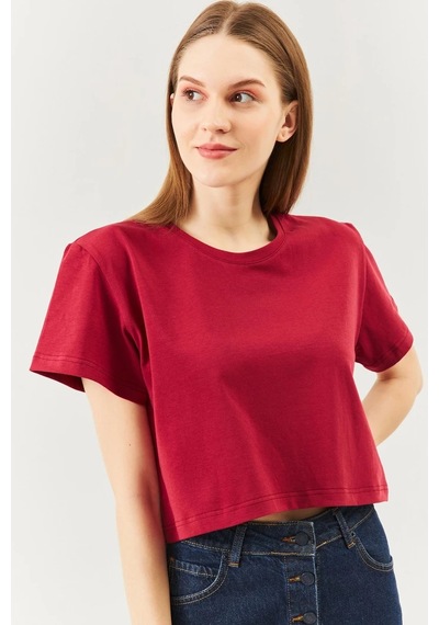 Kadın Rahat %100 Pamuklu Penye Bisiklet Yaka Kısa Kol Basic Crop T-shirt Bordo