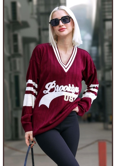Madmext Bordo V Yaka Nakışlı Kadın Kazak Mg1279-bordo Bordo