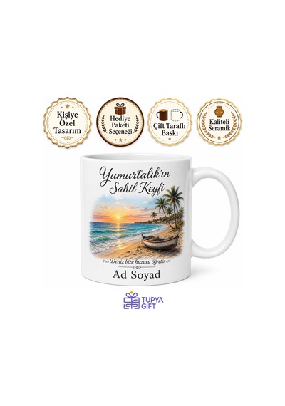 Yumurtalık Sahil Keyfi Adana Hatırası Baskılı Porselen Kupa Bardak Hediye Beyaz / Çok Renkli