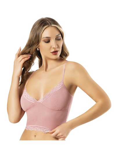 Lusistore Crop Bluz Takım Askılı Dantelli Pedli Büstiyer Bralet %95 Pamuk Ten