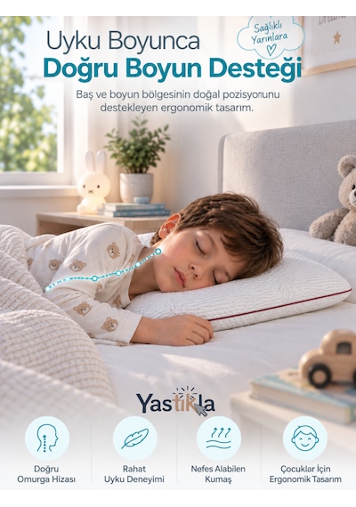 Nefes Alabilen Hava Kanallı Ortopedik Hafızalı Visco Çocuk Yastığı 60x40x6,5 Cm Beyaz Bordo