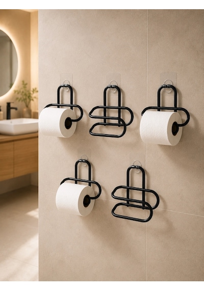 Siyah Metal Tuvalet Kağıdı Tutucu 5 Li Set Yapışkanlı Duvar Tipi Banyo Wc Askısı Renkli
