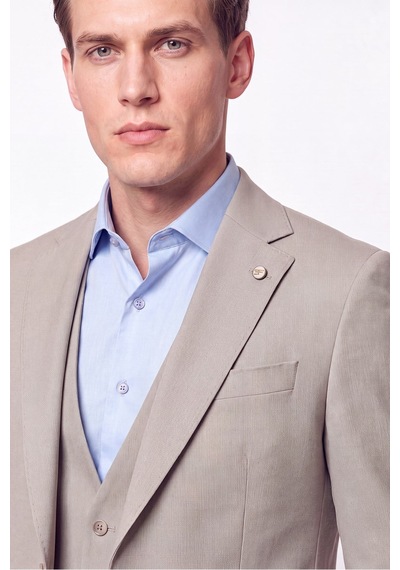 Efor Slim Fit Çift Yırtmaç %97 Yünlü Doku Desenli Esnek Bej Yelekli Takım Elbise Tk 927