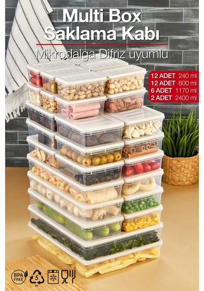 Multi Box 32 Parça 4 Farklı Boy Saklama Kabı Seti - Dondurucu & Mikrodalga Uyumlu Krem