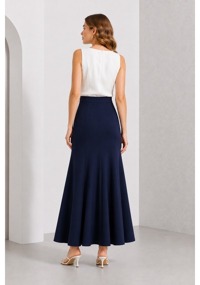 Bihan Store Yüksek Bel, Pile Detaylı, Balık Kesim Kumaş Uzun Etek 3728-lacivert