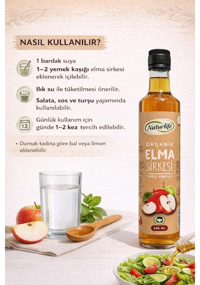 %100 Organik Elma Sirkesi 500 Ml - Doğal Fermente, Filtresiz, Sirke Anası İçeren Cam Şişe