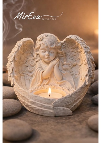 Melek Figürlü Dilek Tutan Tealight Mumluk, Taş Döküm, 13x15 Cm, Dekoratif Anma Ve Hediye Dekoru İçin Çok Renkli