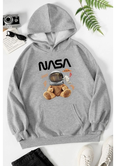 Uyguntarz Unisex Nasa Bear Baskılı Sweatshirt Gri
