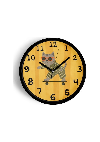 Güneş Gözlüklü Kaykay Yapan Sevimli Kedi Çocuk Odası Modern Duvar Saati - 25cm - Önü Camlı-jh0214 Siyah