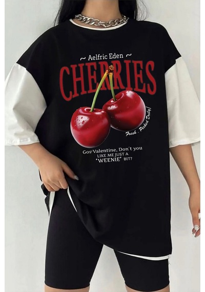 Tarzsokak Çift Renk Red Cherries Baskılı Unisex Tshirt Beyaz