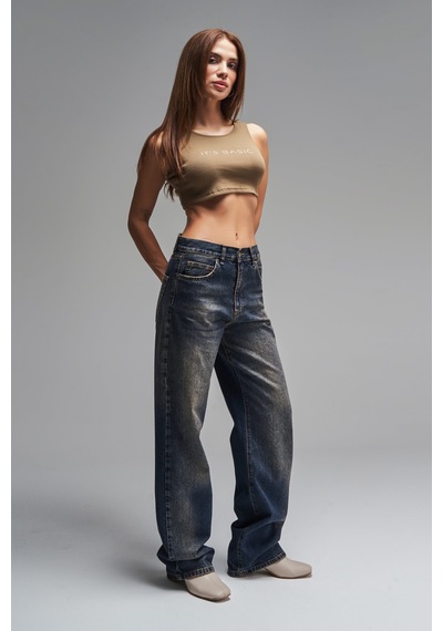 Itsbasic Kadın Koyu Tint Rengi Lora Loose Fit %100 Koton Ortabel Denim Jean Koyutint