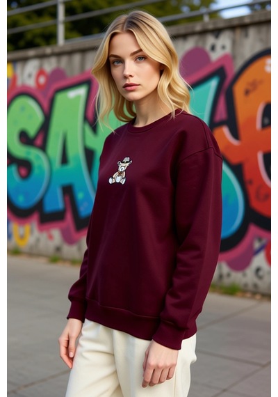 Benerly Kadın Bisiklet Yaka Düşük Kol Nakışlı Regular Kalıp Sweatshirt Fo Bordo