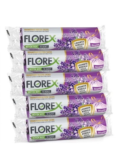 Şeylişeyler - Florex Büyük Boy Çöp Torbası Lavanta Kokulu Büzgülü 65x70 10lu 20 Paket