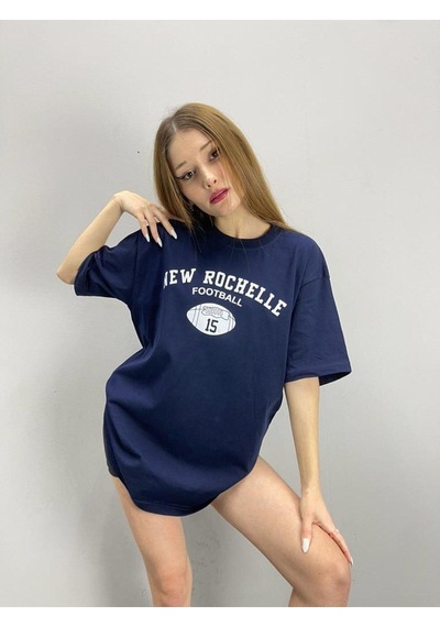 Flood Of Style Lacivert Rochelle Baskılı Oversize Bisiklet Yaka Tshirt