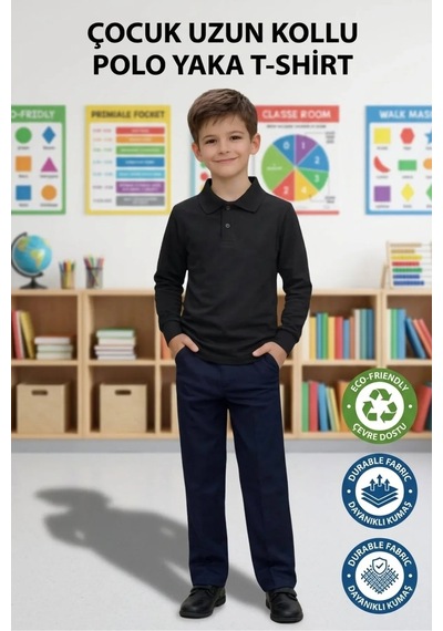 Erdem Kıds Unisex Kız Erkek Çocuk Polo Yaka Pamuklu Uzun Kol Siyah Günlük Basic Okul Tişört