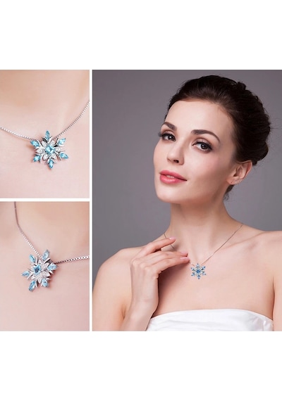 Brezza Lusso Jewelry  Aquamarin Taşlı Özel Tasarım Kar Tanesi Kadın Gümüş Kolye 45 CM 45 CM